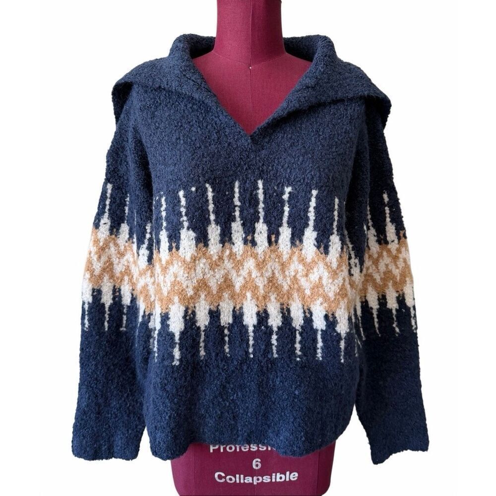 J Crew Sweater Fair Isle Johnny-Collar Boucle Yarn Wool Blend Navy Blue size Med - Picture 2 of 9